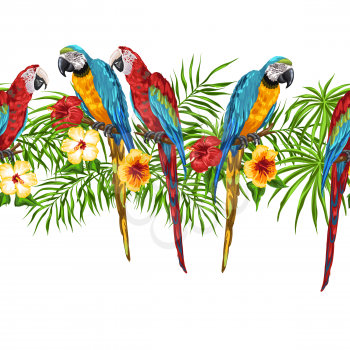 Tropical seamless pattern with parrots. Palm leaves, hibiscus flowers and exotic birds.