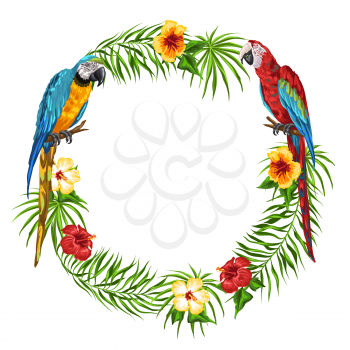 Tropical frame with parrots. Palm leaves, hibiscus flowers and exotic birds.