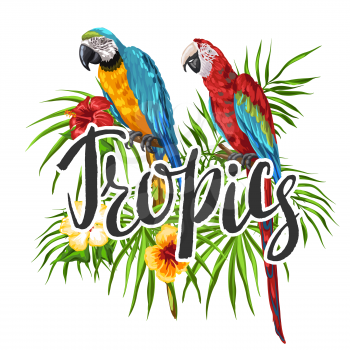 Tropical background with parrots. Palm leaves, hibiscus flowers and exotic birds.