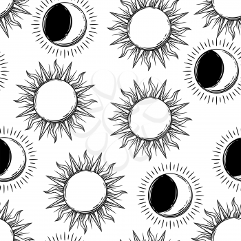 Seamless pattern with bohemian sun and moon. Vector hand drawn illustration.