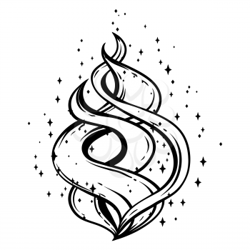 Magic fire with stars. Black and white hand drawn illustration.