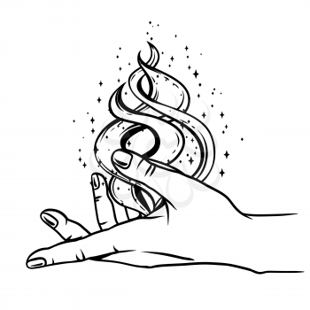 Open hand with magic fire. Spirituality, astrology and esoteric concept. Black and white hand drawn illustration.