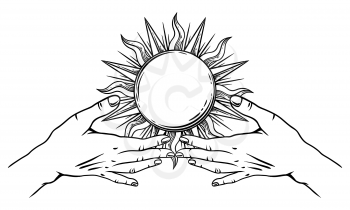 Open hands with vintage sun. Spirituality, astrology and esoteric concept. Black and white hand drawn illustration.