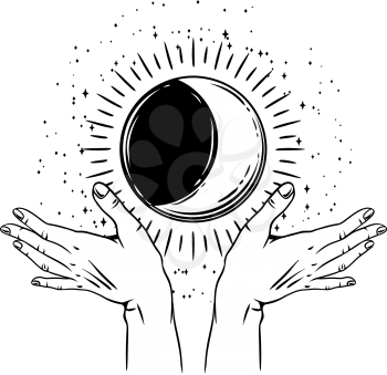 Open hands with vintage moon. Spirituality, astrology and esoteric concept. Black and white hand drawn illustration.