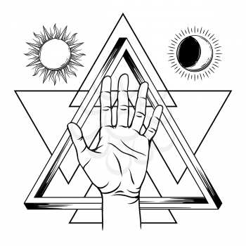 Open hand with infinite triangle symbol. Spirituality, astrology and esoteric concept. Black and white hand drawn illustration.