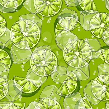 Seamless pattern with limes. Ice cubes and soda bubbles. Fresh healthy juice. Delicious flavored cold drink. Green stylized citrus fruits whole and slices.