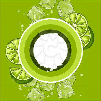 Background with limes. Ice cubes and soda bubbles. Fresh healthy juice. Delicious flavored cold drink. Green stylized citrus fruits whole and slices.