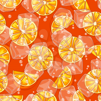 Seamless pattern with oranges. Ice cubes and soda bubbles. Fresh healthy juice. Delicious flavored cold drink. Green stylized citrus fruits whole and slices.