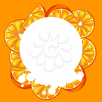 Background with oranges. Fresh healthy juice. Delicious flavored cold drink. Stylized citrus fruits whole and slices.