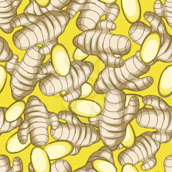 Seamless pattern with ginger. Stylized root and pieces. Healthy drinks.