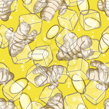 Seamless pattern with ginger. Stylized root and pieces. Ice cubes and soda bubbles. Delicious flavored cold drink.