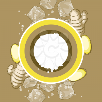 Background with ginger. Stylized root and pieces. Ice cubes and soda bubbles. Delicious flavored cold drink.