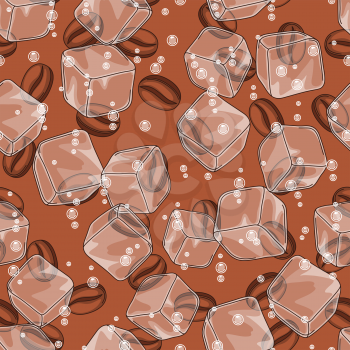 Seamless pattern with coffee beans. Delicious flavored cold drink. Ice cubes and soda bubbles.