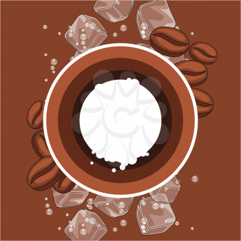 Background with coffee beans. Delicious flavored cold drink. Ice cubes and soda bubbles.