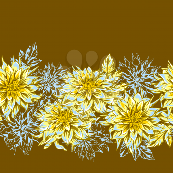 Seamless pattern with fluffy yellow dahlias. Beautiful decorative flowers, leaves and buds.