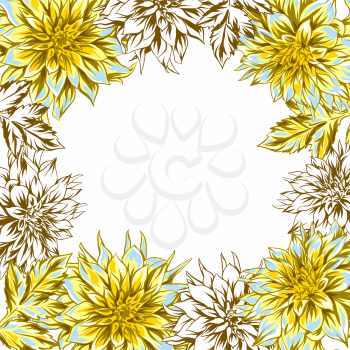 Frame with fluffy yellow dahlias. Beautiful decorative flowers, leaves and buds.