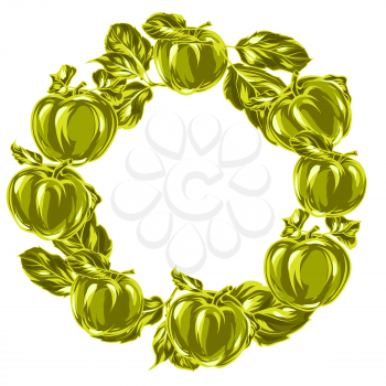 Wreath with apples and leaves. Stylized hand drawn fruits.