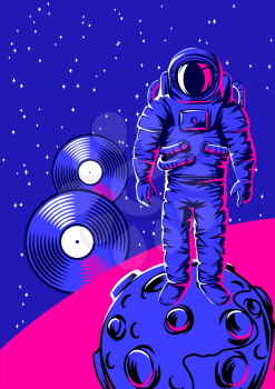 Illustration of astronaut on moon. Rock and roll or disco music print. Rock festival poster.