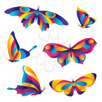 Set of butterflies. Colorful bright abstract insects.