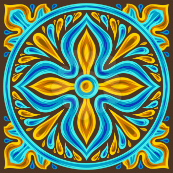 Moroccan ceramic tile pattern. Ethnic floral motifs. Mediterranean traditional folk ornament. Portuguese azulejo, mexican talavera or spanish majolica.