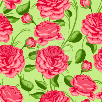 Seamless pattern with red roses. Beautiful decorative flowers, buds and leaves.