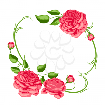 Frame with red roses. Beautiful decorative flowers, buds and leaves.