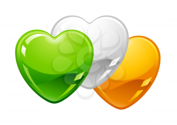 Saint Patricks Day illustration. Irish flag hearts. Festive national icon.