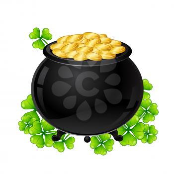 Saint Patricks Day illustration. Pot and gold with clover. Irish festive national items.