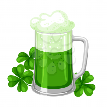 Saint Patricks Day illustration. Ale or beer in mug with clover. Irish festive national items.
