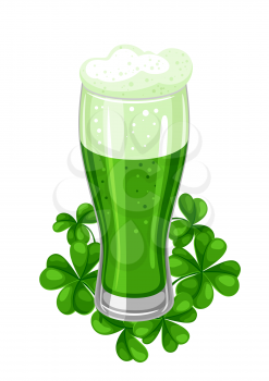 Saint Patricks Day illustration. Ale or beer in glass with clover. Irish festive national items.