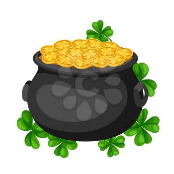 Saint Patricks Day illustration. Pot and gold with clover. Irish festive national items.