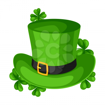 Saint Patricks Day illustration. Leprechaun hat with clover. Irish festive national items.