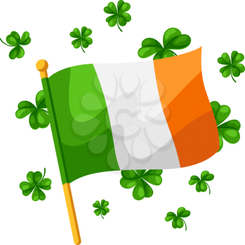 Saint Patricks Day illustration. Irish flag with clover. Festive national items.