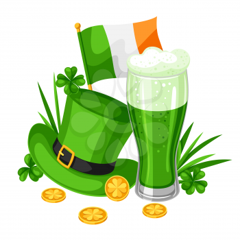 Saint Patricks Day illustration. Beer, hat and flag with clover. Irish festive national items.
