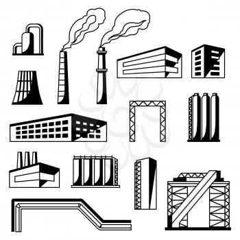 Industrial factory objects set. Manufacture building illustration in flat style.