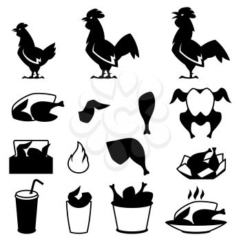 Fast food fried chicken meat. Icon set of legs, wings and basket.