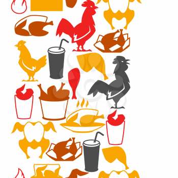 Fast food fried chicken meat. Seamless pattern with legs, wings and basket.