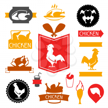 Fast food fried chicken meat. Badges with legs, wings and basket.
