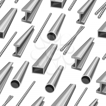 Rolled metal products seamless pattern. Metallurgical industrial illustration of tubes, rails and armature.