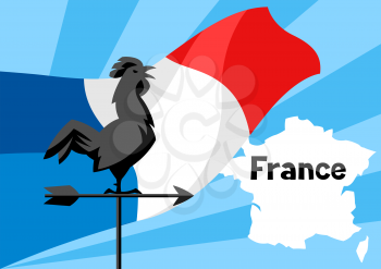 Rooster weathervane on flag of France. Patriotic illustration.