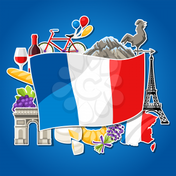 France background design. French traditional sticker symbols and objects.