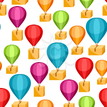 Hot air balloons with delivery boxes. Seamless pattern of shipping goods by air.