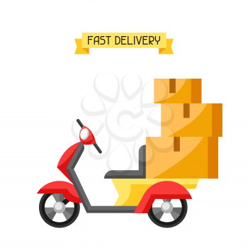 Goods delivery by motorcycle. Illustration of scooter motorbike and boxes.