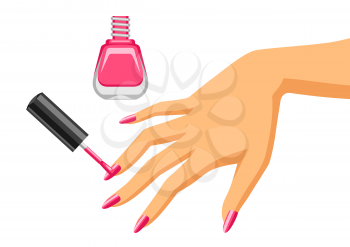 Woman is doing manicure. Illustration of female hand applying nail polish.