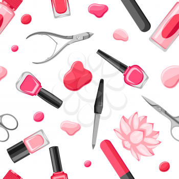 Seamless pattern with manicure tools. Nail polishes and professional equipment for manicure salons.