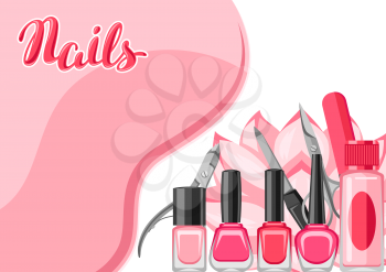 Background with manicure tools. Nail polishes and professional equipment for manicure salons.