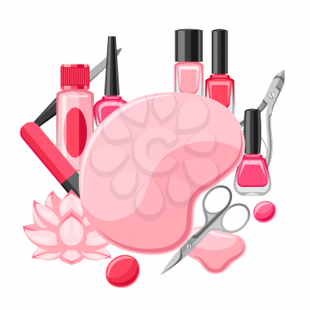 Background with manicure tools. Nail polishes and professional equipment for manicure salons.