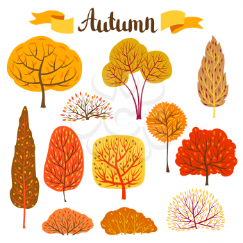 Set of autumn stylized trees. Landscape seasonal illustration.