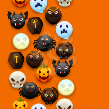 Happy Halloween seamless pattern. Celebration party background with angry stylized characters.