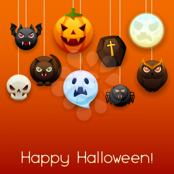 Happy Halloween greeting card. Celebration party background with angry stylized characters.